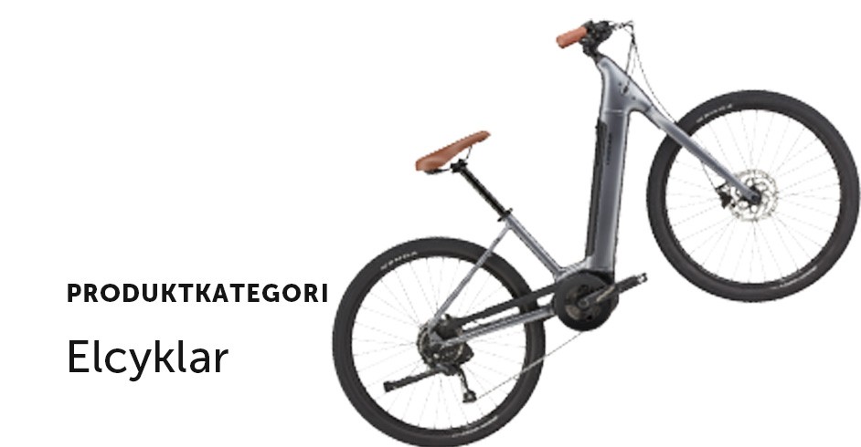 En grå cykel mot vit bakgrund. Texten Produktkategori - Elcyklar